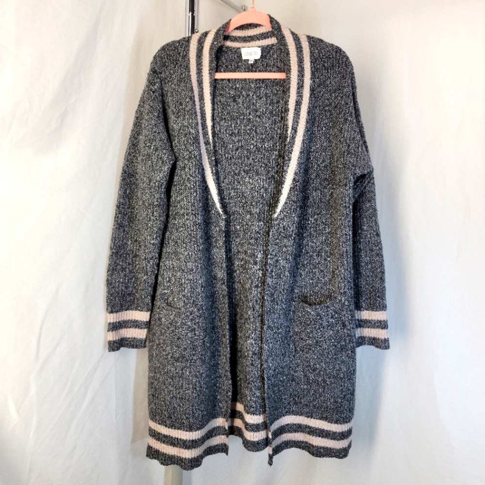 Sienna Sky Gray with Cream Stripes Long Line Cardigan Sweater. Women's Small